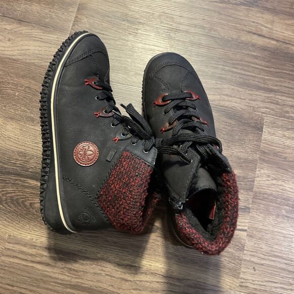 Rieker Cordula Ankle Boots Womens Sz 8.5/39 Black Red Leather Lace-Up Zipper New - Picture 1 of 16
